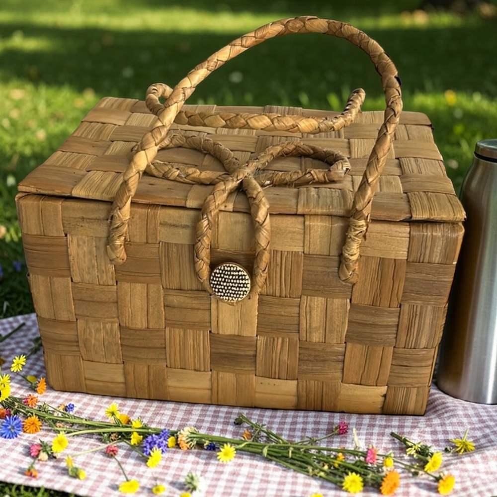 Vintage Woven Bamboo Satin Lined Basket Purse Bakelite Button